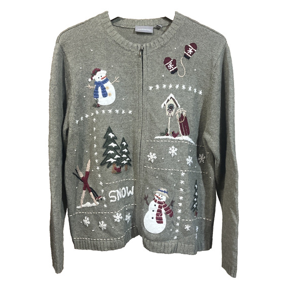 Croft & Barrow Embroidered Snowman Cardigan Sweater Women's Large Christmas - Picture 1 of 16